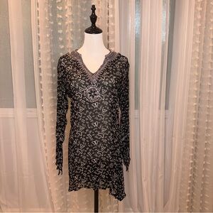 Chic Ethnic Tunic, Black Pattern with Beaded Detail